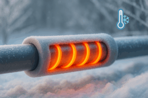 Close-up of a frost-covered water pipe wrapped in glowing orange heat tape beneath a foam insulation layer, with snow in the background and a cold temperature icon in the corner.